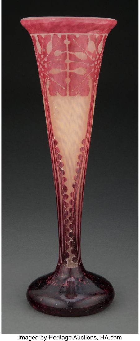 Schneider Le Verre Français Overlaid and Acid-E: Schneider Le Verre Français Overlaid and Acid-Etched Glass Amarantes Vase, circa 1923 Marks: Le Verre Français, France 12-1/8 inches (30.8 cm) Prop