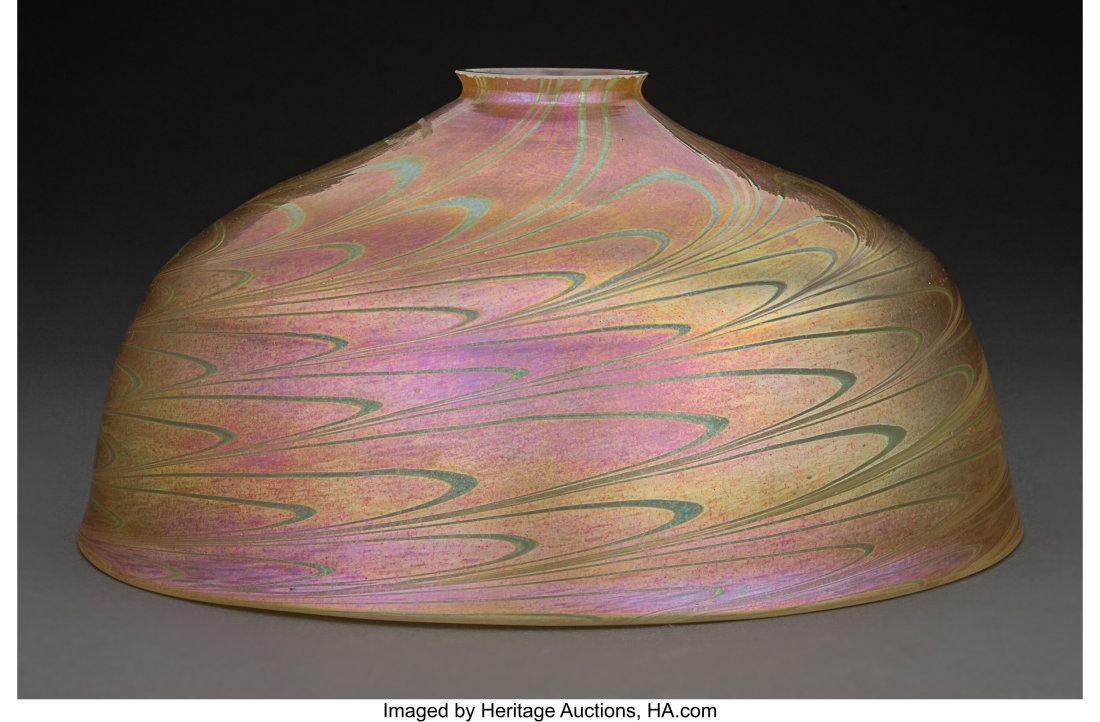 American Decorated Iridescent Glass Shade, circa: American Decorated Iridescent Glass Shade, circa 1910 5-7/8 x 10-7/8 inches (15 x 27.5 cm) HID03101062020 © 2023 Heritage Auctions | All Rights Reserved
