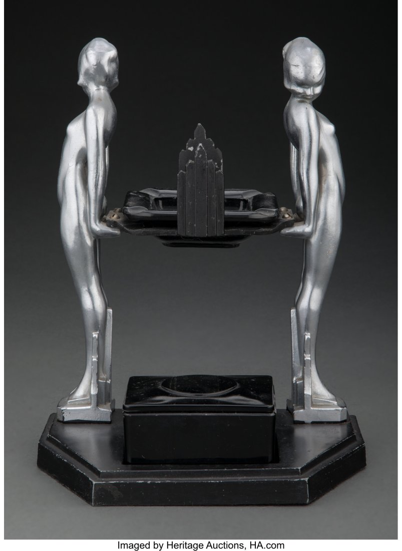 Frankart Enameled Metal and Glass Figural Cigare: Frankart Enameled Metal and Glass Figural Cigarette Holder, Model T375, circa 1925 Marks: FRANKART INC, PAT APPLD FOR 9-1/4 x 7-5/8 x 5-1/8 inches (23.5