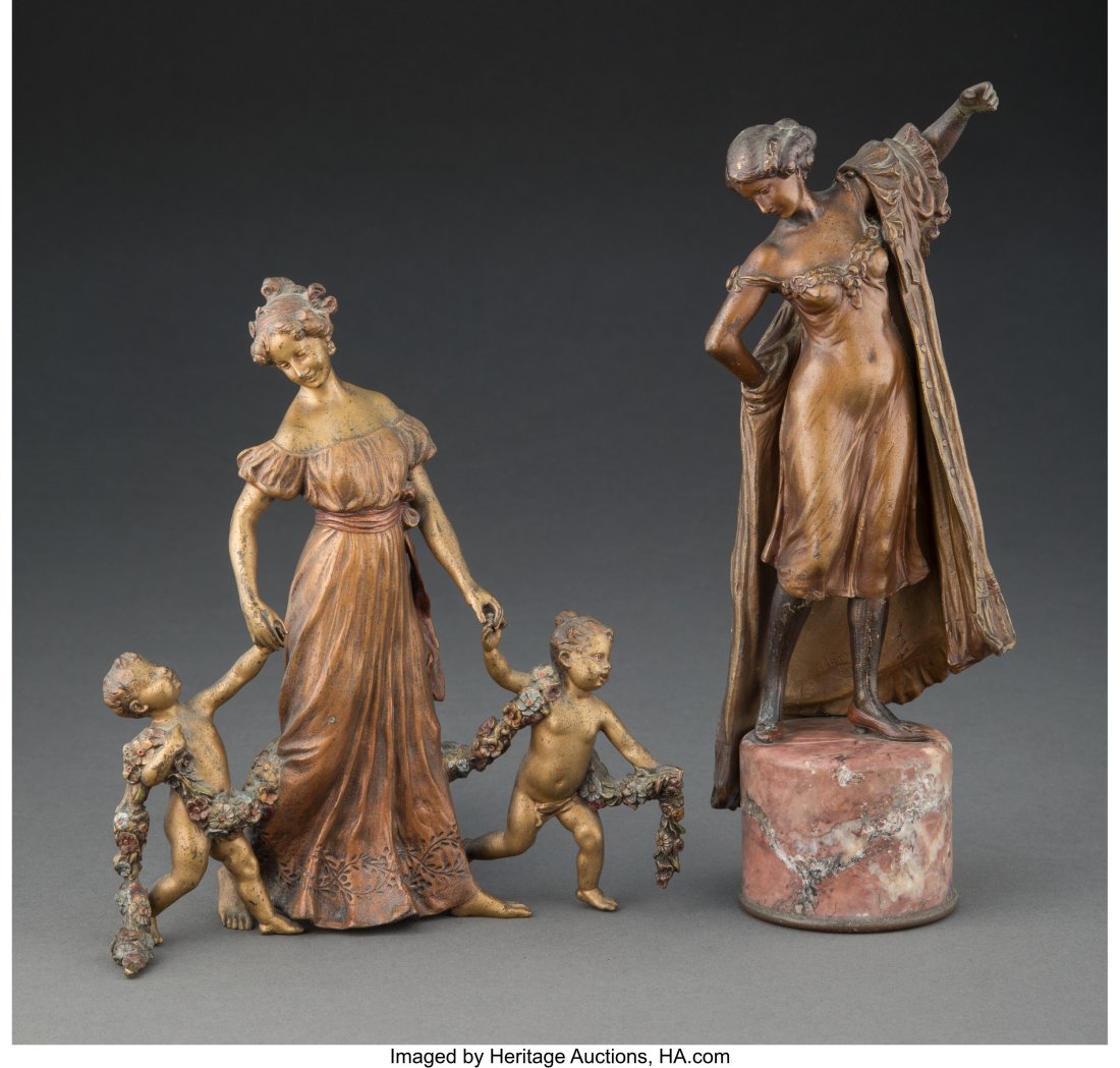 Two Franz Bergman Partial Gilt and Cold-Painted : Two Franz Bergman Partial Gilt and Cold-Painted Bronze Figural Groups, circa 1900 Marks: Nam Greb, (amphora-B) 9-7/8 x 4 x 3 inches (25.1 x 10.2 x 7&