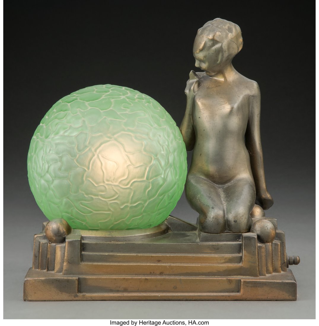 Frankart Patinated Metal and Frosted Glass Figur: Frankart Patinated Metal and Frosted Glass Figural Lamp, circa 1925 Marks: FRANKART INC., PAT. APPLD. FOR 8-7/8 x 8-1/8 x 5-3/4 inches (22&perio