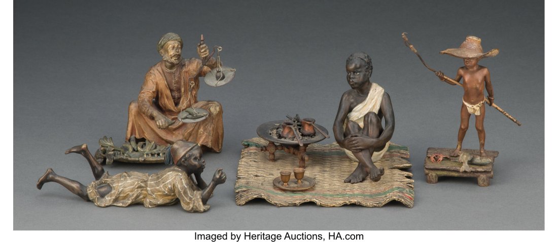 Four Austrian Partial Gilt and Cold-Painted Bron: Four Austrian Partial Gilt and Cold-Painted Bronze Figures, circa 1900 Marks to three: (amphora-B) 3-3/4 x 5-5/8 x 5-7/8 inches (9.5 x 14.3 x 14&pe