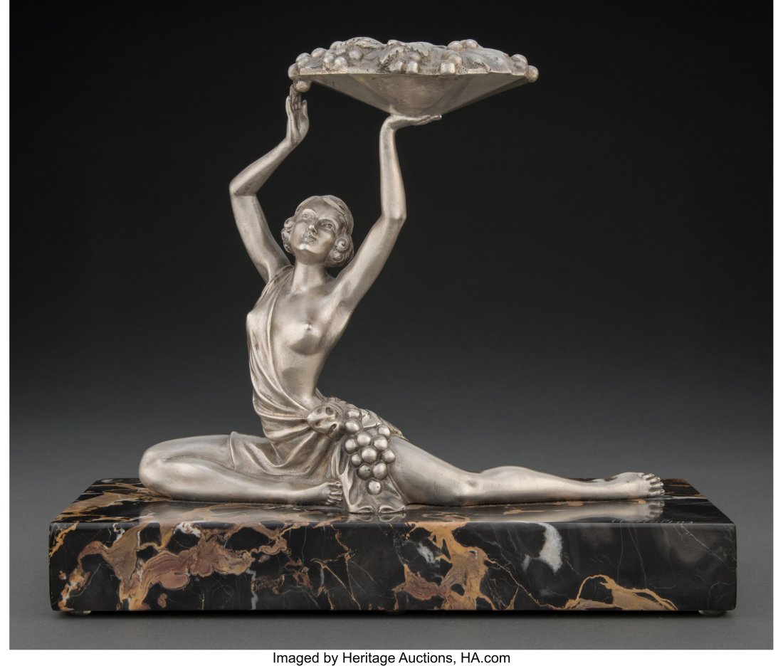 Charles Henri Molins (French, 20th century) Danc: Charles Henri Molins (French, 20th century) Dancer with Grapes, circa 1925 Silvered bronze, marble 11 x 12-1/2 x 4-3/4 inches (27.9 x 31.8 x 12&p