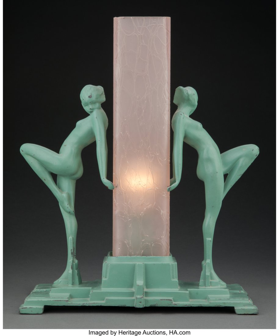 Frankart Enameled Metal and Frosted Glass Figura: Frankart Enameled Metal and Frosted Glass Figural Lamp, Model L222, circa 1929 Marks: FRANKART ©, PAT. DES. 78417 12-7/8 x 11-3/8 x 4-3/4 inches