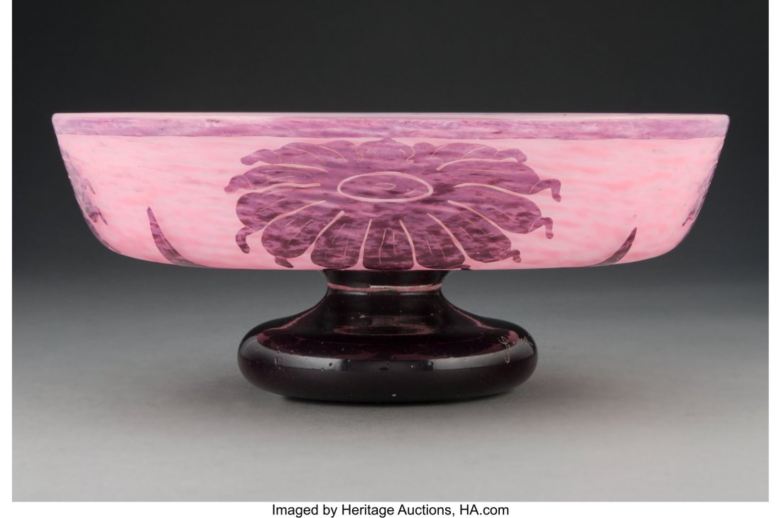 Schneider Le Verre Français Overlaid and Acid-E: Schneider Le Verre Français Overlaid and Acid-Etched Glass Dahlias Bowl, circa 1923 Marks: Le Verre Français 5-1/8 x 12-3/8 inches (13.0 x 31.4 cm&