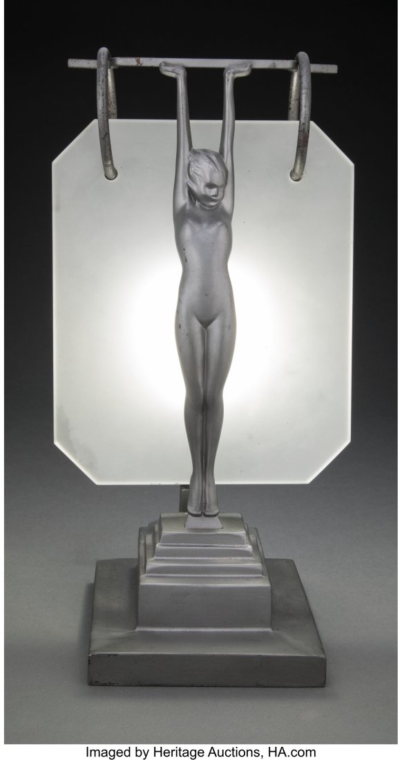 Frankart Enameled Metal and Frosted Glass Figura: Frankart Enameled Metal and Frosted Glass Figural Lamp, Model L216, circa 1928 Marks: © FRANKART-1928, PAT D, 77201 14-1/8 x 7-1/2 x 5-7/8 inches (3