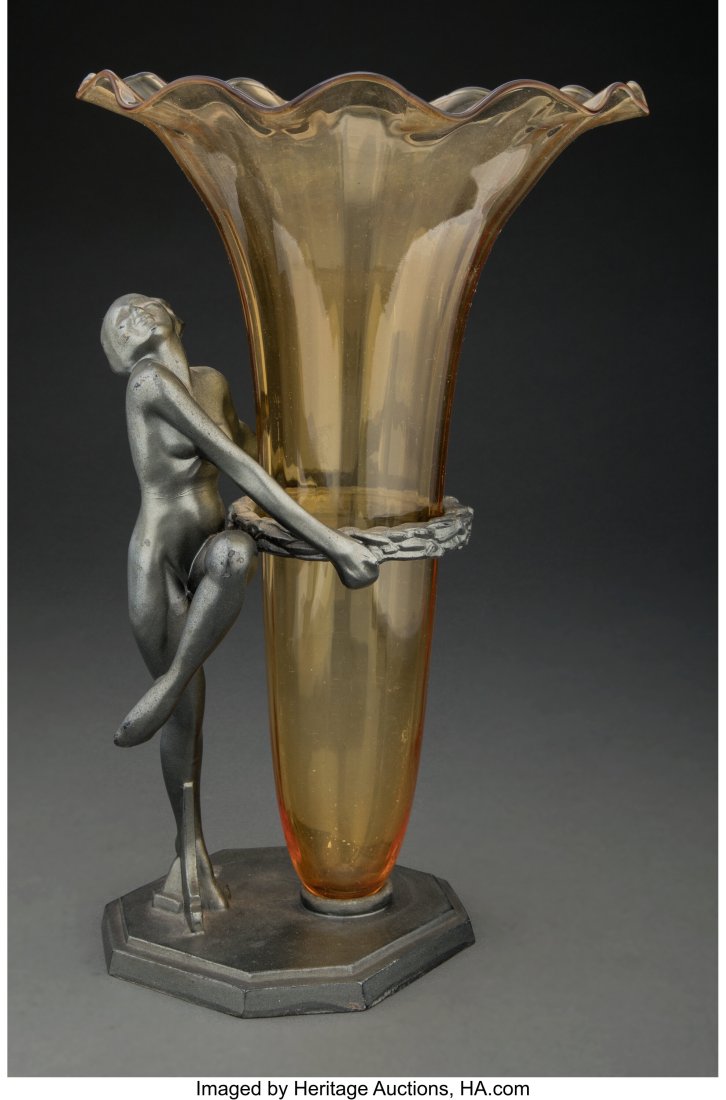 Frankart Patinated Metal and Amber Glass Figural: Frankart Patinated Metal and Amber Glass Figural Vase, Model F612, circa 1927 Marks: ©, FRANKART, 27, PAT D 72197 12-1/4 inches (31.2 cm)