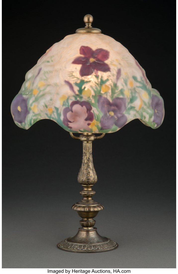 Pairpoint Reverse-Painted Glass and Gilt Metal F: Pairpoint Reverse-Painted Glass and Gilt Metal Floral Puffy Boudoir Lamp, circa 1910 Marks to base: PAIRPOINT, (P in diamond), E3054 14-1/2 x 9 x 9 inches (3