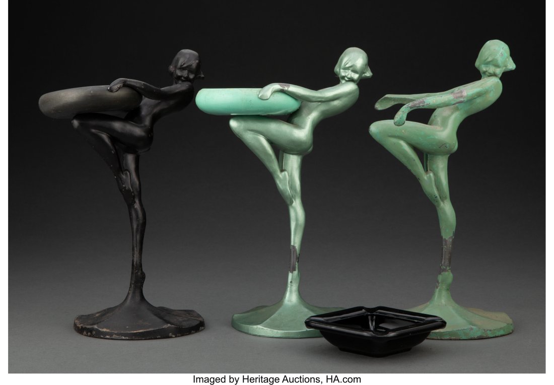 Three Frankart Enameled Metal Figural Ashtrays,: Three Frankart Enameled Metal Figural Ashtrays, Model T301, circa 1922 Marks: (various) 9-7/8 inches (25 cm) (each) HID03101062020 © 2023 Herit