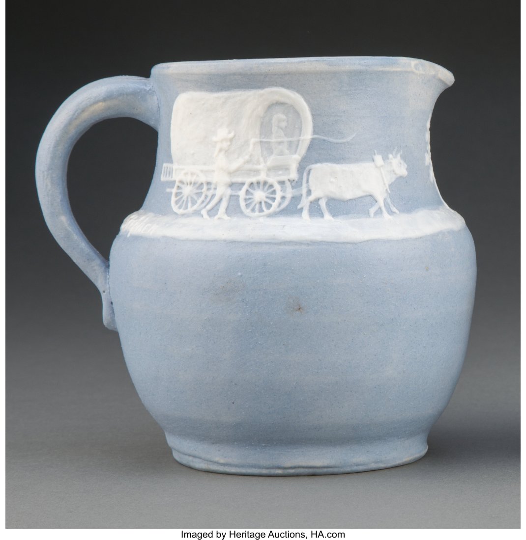 Pisgah Forest Pâte-sur-Pâte Westward Ho Pitche: Pisgah Forest Pâte-sur-Pâte Westward Ho Pitcher Decorated by Walter Stephen, 1950 Marks: 1950 PISGAH FOREST, Stephen 6 x 6-3/4 x 5-1/2 inches (15.2 x 