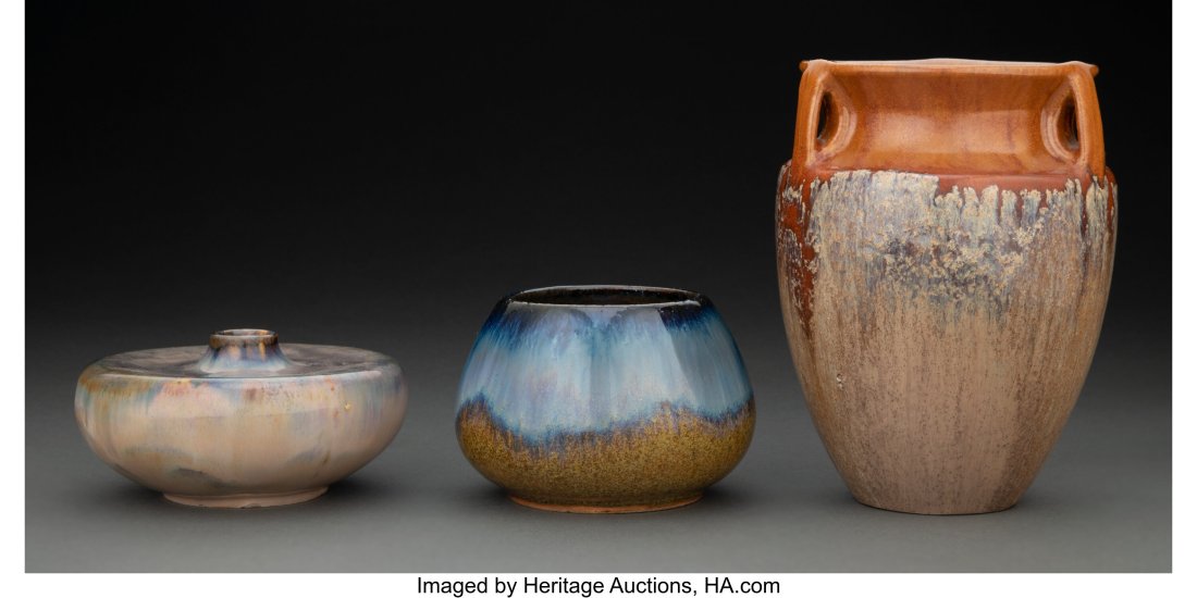 Group of Three Fulper Pottery Glazed Ceramic Vas: Group of Three Fulper Pottery Glazed Ceramic Vases, circa 1910 Marks: FULPER 6-1/2 inches (16.5 cm) (tallest) HID03101062020 © 2023 Heritage Auctions &v