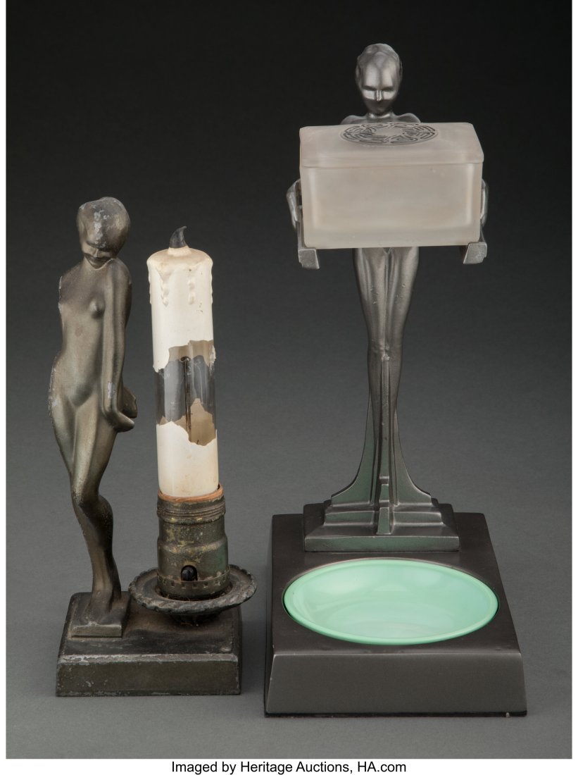 Two Frankart Enameled Metal and Glass Table Arti: Two Frankart Enameled Metal and Glass Table Articles, circa 1928 Marks: (various) 10-5/8 x 4-3/8 x 8-5/8 inches (27 x 11 x 22 cm) (tallest) The gr