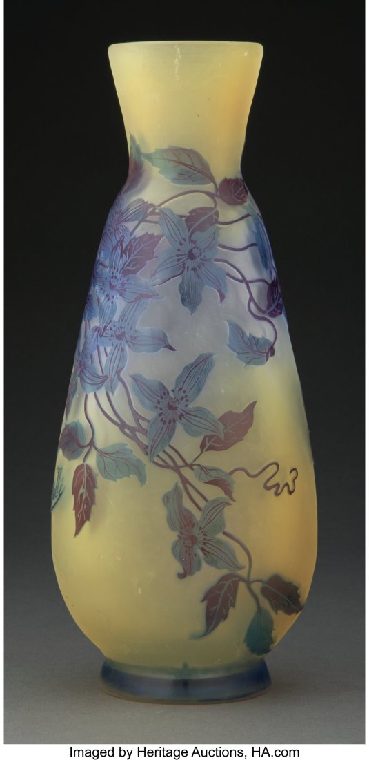 Gallé Cameo Glass Clematis Vase, circa 1910 Mar: Gallé Cameo Glass Clematis Vase, circa 1910 Marks: Gallé 12-3/4 inches (32.4 cm) HID03101062020 © 2023 Heritage Auctions | All Rights Reserved
