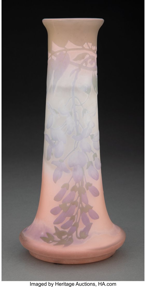 Gallé Cameo Glass Wisteria Vase, circa 1910 Mar: Gallé Cameo Glass Wisteria Vase, circa 1910 Marks: Gallé (star) 9-5/8 inches (24.4 cm) HID03101062020 © 2023 Heritage Auctions | All 
