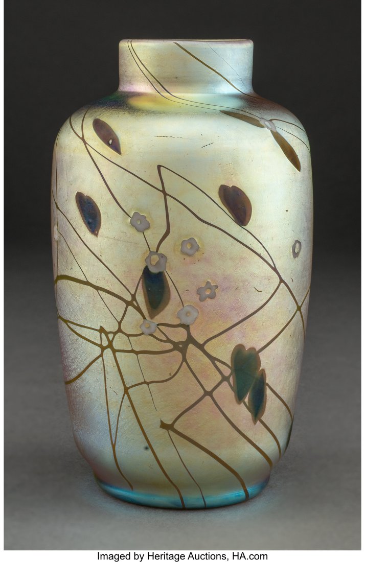 Steuben Decorated Gold Aurene Glass Vase with Mi: Steuben Decorated Gold Aurene Glass Vase with Millefiori, circa 1910 Marks: AURENE, 599 5-7/8 inches (14.9 cm) HID03101062020 © 2023 Heritage Auctions &vert