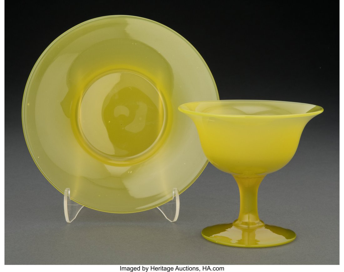 Steuben Yellow Jade Glass Sherbet and Underplate: Steuben Yellow Jade Glass Sherbet and Underplate, circa 1920 1 x 6 inches (2.5 x 15.2 cm) (underplate) PROVENANCE: Frederick Carder to Robert F. Ro