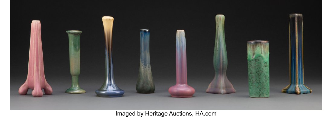 Eight Fulper Pottery Glazed Ceramic Bud Vases, c: Eight Fulper Pottery Glazed Ceramic Bud Vases, circa 1910 Marks: FULPER 8-3/8 inches (21.3 cm) HID03101062020 © 2023 Heritage Auctions | All Rights Reserved