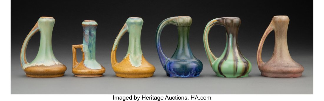 Group of Six Fulper Pottery Glazed Ceramic Candl: Group of Six Fulper Pottery Glazed Ceramic Candlesticks, circa 1910 Marks to five: FULPER 4-1/2 x 3-5/8 inches (11.4 x 9.2 cm) (tallest) HID031010
