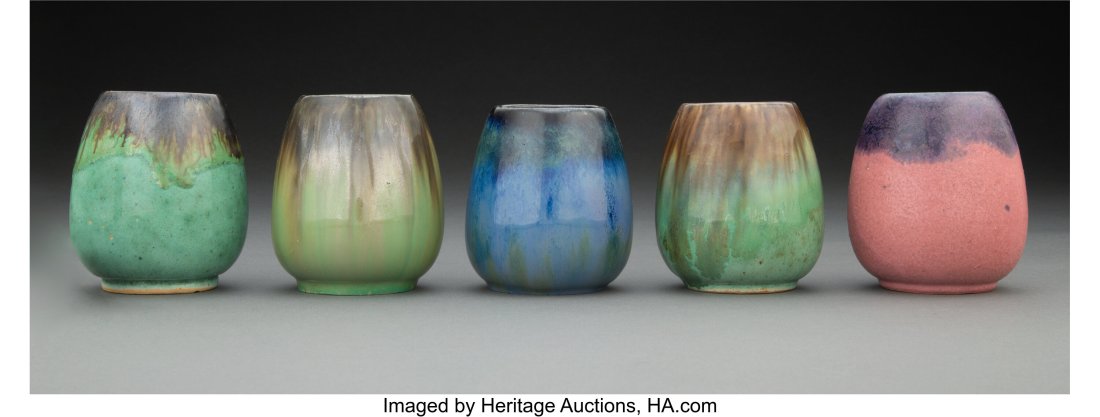 Group of Five Fulper Pottery Glazed Ceramic Cabi: Group of Five Fulper Pottery Glazed Ceramic Cabinet Vases, circa 1910 Marks: FULPER 3-7/8 x 2-1/2 inches (9.8 x 6.4 cm) (each, approximately&rpar
