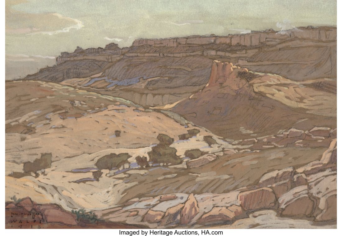Carl Oscar Borg (American, 1879-1947) Walpi, 191: Carl Oscar Borg (American, 1879-1947) Walpi, 1918 Gouache on paper 6-3/4 x 9-5/8 inches (17.1 x 24.4 cm) (sight) Signed, dated&com