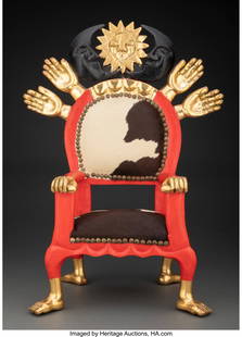 67069: Pedro Friedeberg (Italian/Mexican, b. 1936) Red : Pedro Friedeberg (Italian/Mexican, b. 1936) Red Throne Chair, Wood, gold leaf, leather 19-5/8 x 15 x 9-7/8 inches (50 x 38.2 x 25 cm&rp