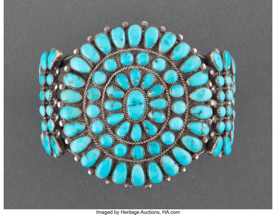 A Navajo Cluster Bracelet  c. 1940  silver, turq (1 of 2)