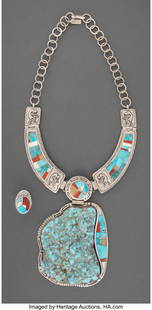 70045&colon; A Navajo Jewelry Suite  Peter Nelson c&period; 1995  in: A Navajo Jewelry Suite Peter Nelson c&period; 1995 including a large necklace and matching ring&comma; each stamped Peter Nelson&comma; Sterling&comma; silver&comma; turquoise&comma; coral&comma; shel