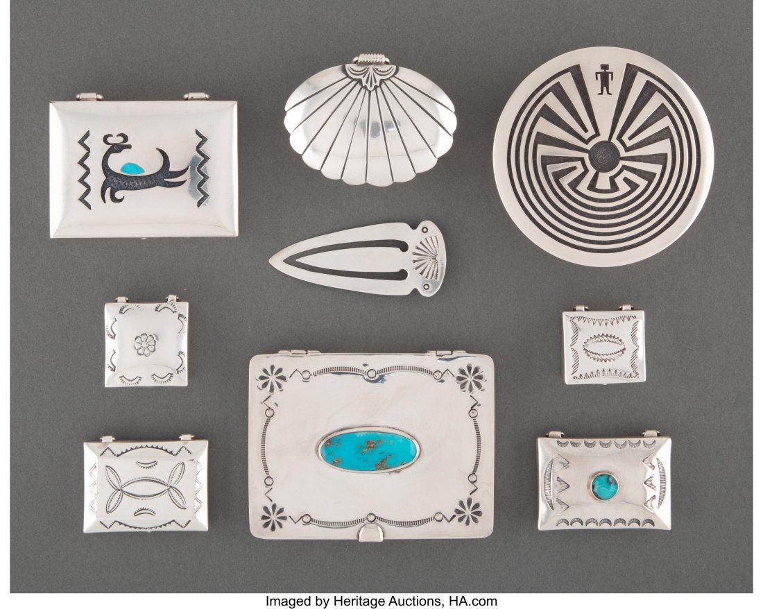 Nine Southwest Objects c. 1930 - 1980 includin: Nine Southwest Objects c. 1930 - 1980 including a bookmark; and eight pill boxes/small containers, the Hopi example with stamp (Norman Honie, Sr.?)&c