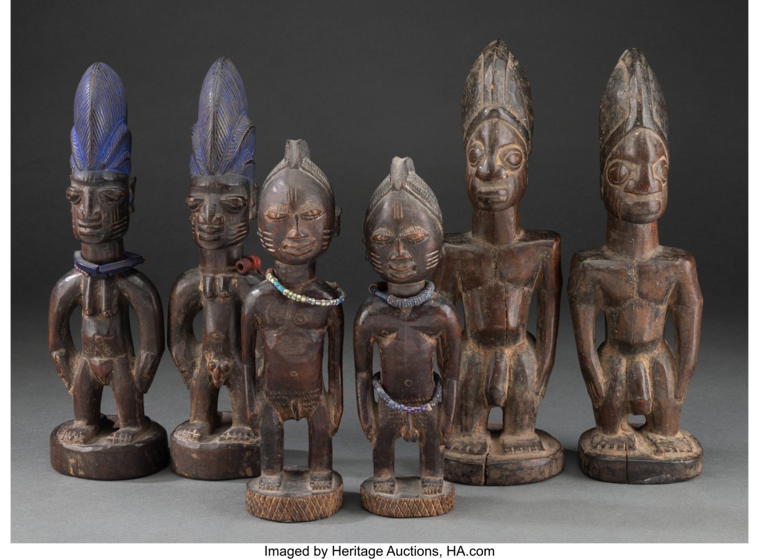 Three Pair of Yoruba Twin Figures, ibeji Nigeri: Three Pair of Yoruba Twin Figures, ibeji Nigeria, early to mid 20th century On integral circular bases. Provenance: Property from the collection of Dr. Richard and Jan 