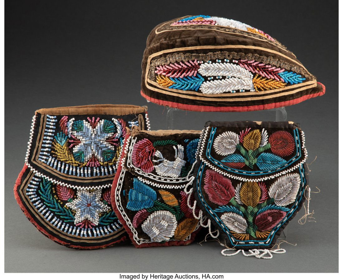 Four Iroquois Beaded Cloth Items  including a Gl (1 of 2)