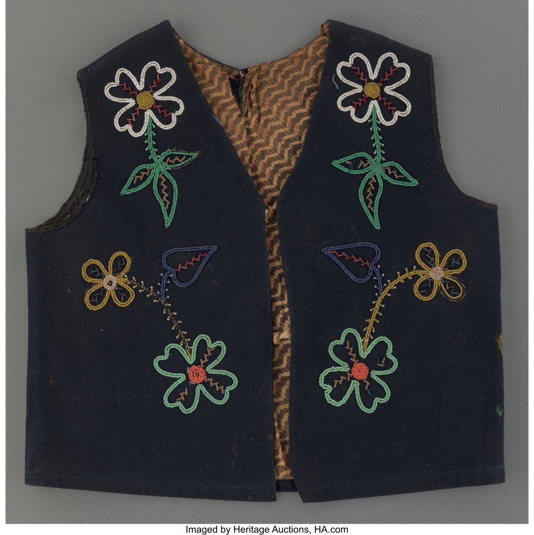 A Blackfeet Beaded Cloth Vest Length: 21 ½ inc: A Blackfeet Beaded Cloth Vest Length: 21 &frac12; inches HID03101062020 © 2023 Heritage Auctions | All Rights Reserved