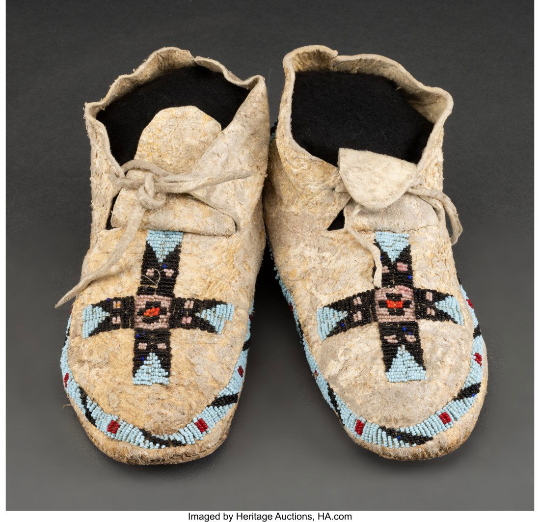 A Pair of Plains Beaded Hide Moccasins  hide, gl (1 of 2)