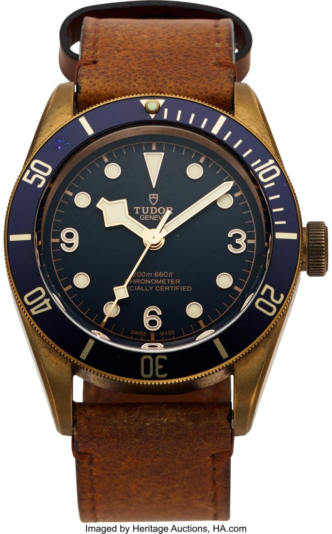 Tudor Black Bay Bronze, "Bucherer Blue" Edition: Tudor Black Bay Bronze, "Bucherer Blue" Edition Circa 2021 Case: 43 mm, bronze Dial: dark blue dial, gilt text, luminous indices, luminous snowflake hands Mov