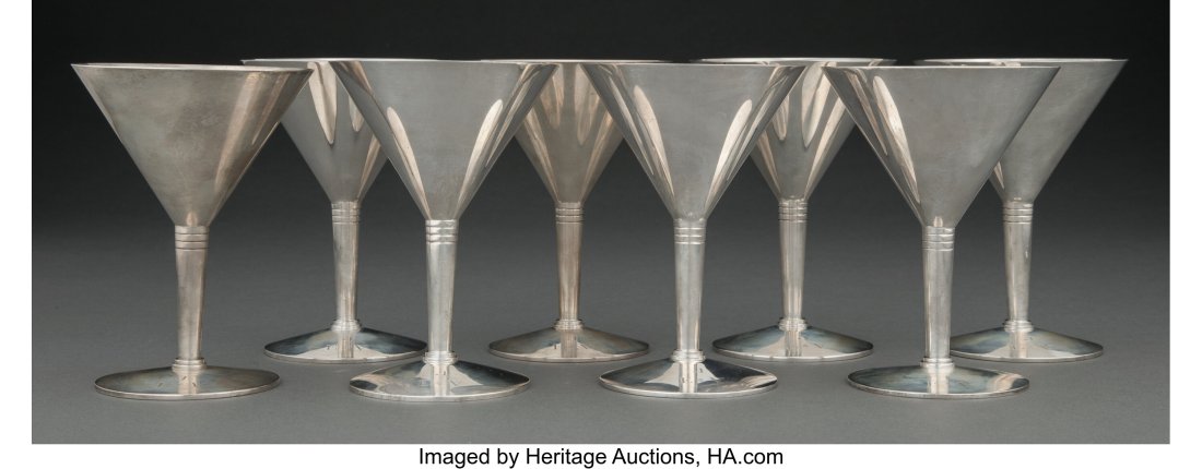 Eight Tiffany & Co. Silver Cocktail Glasses, New: Eight Tiffany & Co. Silver Cocktail Glasses, New York, 1947-1956 Marks: TIFFANY & Co., MAKERS, STERLING SILVER, 22199, M 4-1/8 x 2-1