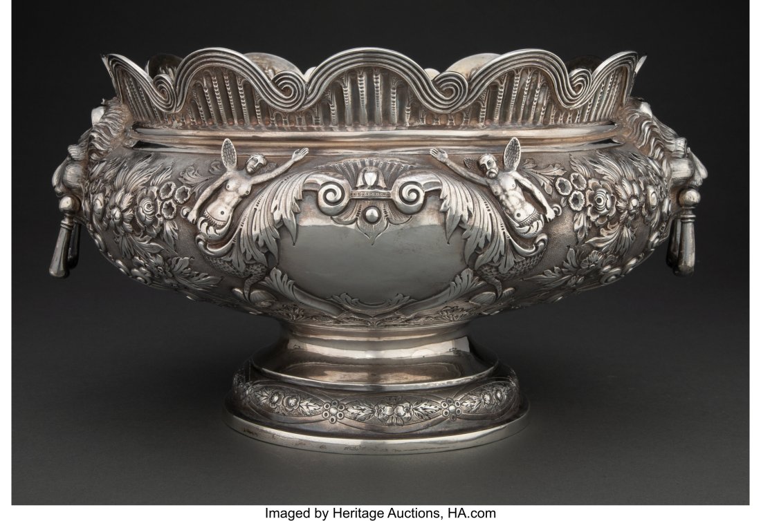 A West & Son Silver Punch Bowl, Dublin, 1891 Mar: A West & Son Silver Punch Bowl, Dublin, 1891 Marks: (Hibernia), (harp crowned), WEST & SON, Y 10 x 17 x 14 inches (25.4 x 43