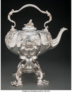 74029: A William Forbes Coin Silver Kettle-on-Stand, Ne: A William Forbes Coin Silver Kettle-on-Stand, New York, 1839-1851 Marks: BALL, TOMPKINS & BLACK, NEW YORK, SUCCCESSORS TO MARQUAND & CO., WF 14