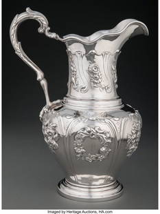 74031: A William Forbes Coin Silver Water Pitcher, New : A William Forbes Coin Silver Water Pitcher, New York, 1839-1851 Marks: BALL, TOMPKINS & BLACK, SUCCESSORS TO, W, MARQUAND & CO. W, W&peri