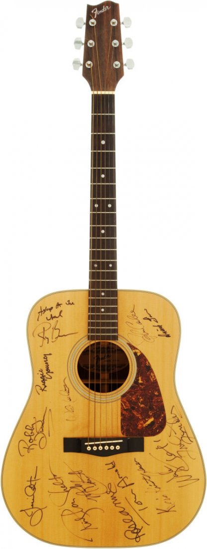 Farm Aid V (1992) Signed Guitar with Original St: Farm Aid V (1992) Signed Guitar with Original Staff Parking Pass. A natural finish Fende