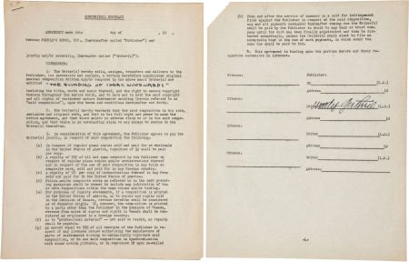 Woody Guthrie Twice-Signed Songwriter's Contract: Woody Guthrie Twice-Signed Songwriter's Contract for "The Blinding of Isaac Woodwards" [sic], Circa 19