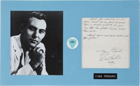 Carl Perkins Signed Letter w/Photo and Pick.: Carl Perkins Signed Letter w/Photo and Pick. The handwritten and signed note from the Roc
