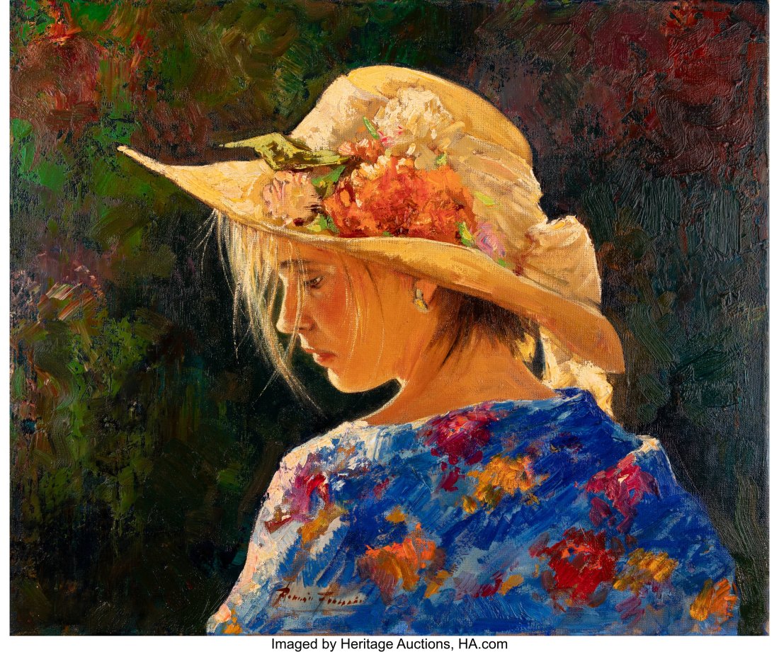 Jose Miguel Roman Frances (Spanish, b. 1950) You: Jose Miguel Roman Frances (Spanish, b. 1950) Young woman in a sun hat Oil on canvas 18-1/4 x 22 inches (46.4 x 55.9 cm) Signed lower center: Ro