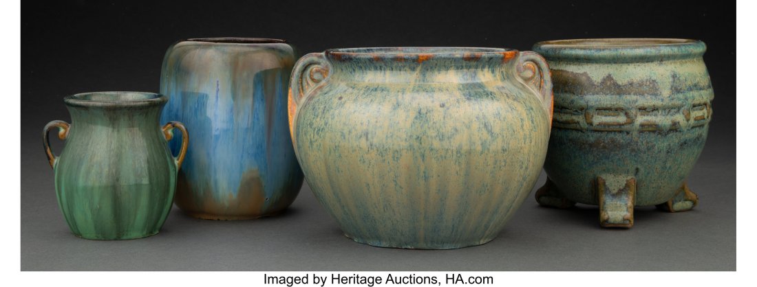 Group of Four Fulper Pottery Glazed Ceramic Vase: Group of Four Fulper Pottery Glazed Ceramic Vases, circa 1910 Marks: FULPER 4-7/8 x 6-1/4 inches (12.5 x 16 cm) (tallest) HID03101062020 © 2023 Heri
