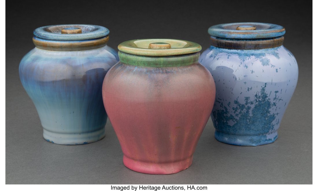 Three Fulper Pottery Glazed Ceramic Covered Vase: Three Fulper Pottery Glazed Ceramic Covered Vases Marks to two: RAFCO 4-1/2 x 3-1/2 inches (11.4 x 8.9 cm) (each) HID03101062020 © 2023 Heritage Au
