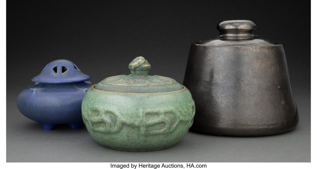 Three Fulper Pottery Covered Jars, circa 1910 Ma: Three Fulper Pottery Covered Jars, circa 1910 Marks to two: FULPER 6-1/2 x 7-1/4 x 7-1/4 inches (16.5 x 18.4 x 18.4 cm) (tallest) HID03