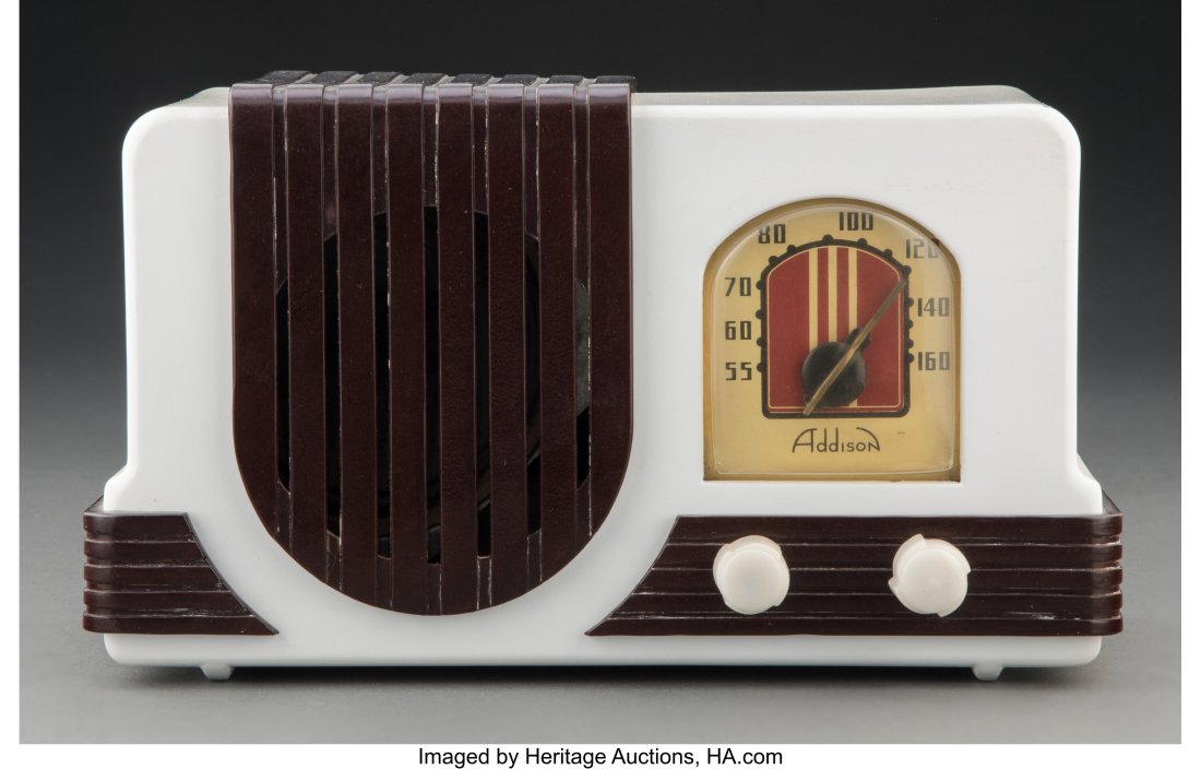 Addison Industries Limited (Canadian, 20th centu: Addison Industries Limited (Canadian, 20th century) Model A2C 'Waterfall' Radio, 1942 Enameled white and brown bakelite 6 x 10-1/4 x 4-7/8 inches (15.2 x 26&p