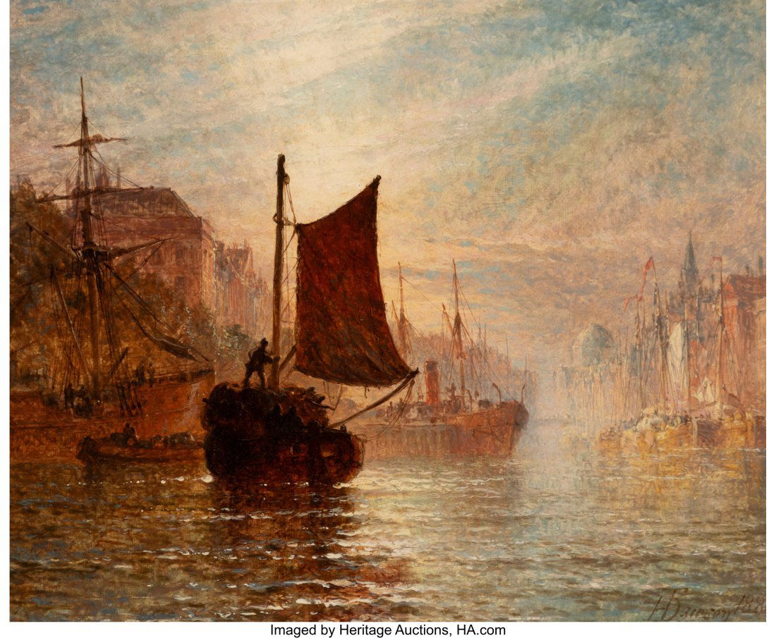 Henry Thomas Dawson (British, fl. 1860-1896) Shi: Henry Thomas Dawson (British, fl. 1860-1896) Ships setting out from the harbor, dawn, 1880 Oil on canvas 8-1/4 x 10 inches (21.0 x 25.4 cm&rpa