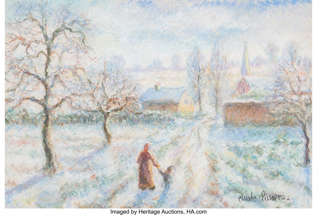 Hughes Claude Pissarro (French, b. 1935) Le peti: Hughes Claude Pissarro (French, b. 1935) Le petit Baptiste Charbonnel en promenade à la Taillerie sous la neige Pastel on paper 10 x 15 inches (25.4 x 38&peri