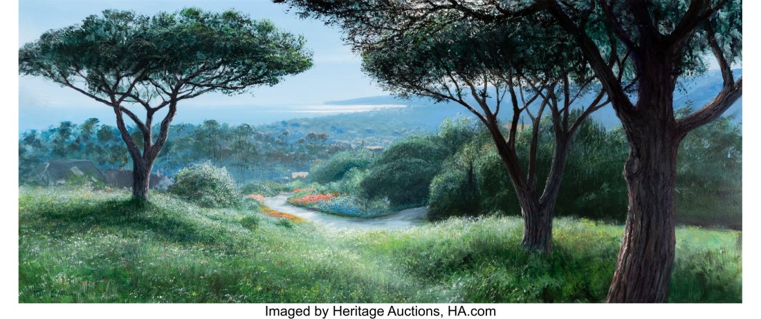Peter Ellenshaw (American/British, 1913-2007) Vi: Peter Ellenshaw (American/British, 1913-2007) View of Santa Barbara with Stone Pines, 1995 Oil on canvas 30 x 70 inches (76.2 x 177.8 cm) Signed lower