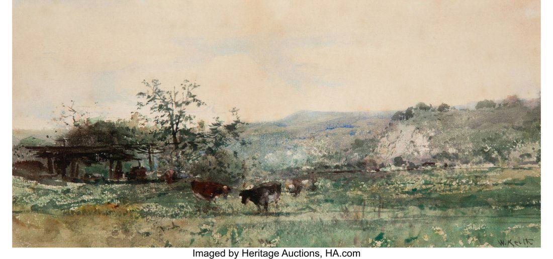 William Keith (American, 1838-1911) Grazing in t: William Keith (American, 1838-1911) Grazing in the Pasture Watercolor on paper laid on board 8-1/2 x 17 inches (21.6 x 43.2 cm) (sheet) Signed low