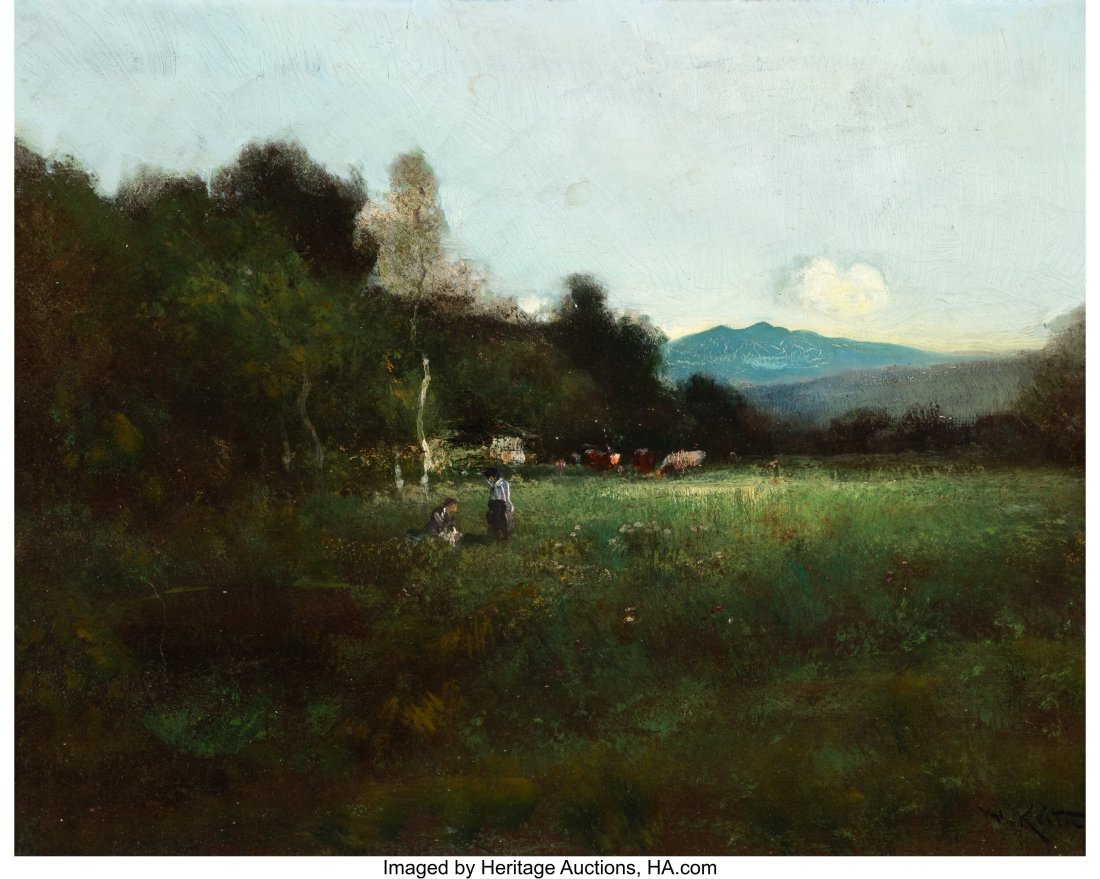 William Keith (American, 1838-1911) Cattle Grazi: William Keith (American, 1838-1911) Cattle Grazing in a Sunlit Clearing with Mount Tamalpais in the Distance Oil on panel 15-1/2 x 19-3/4 inches (39.4 x 50.2
